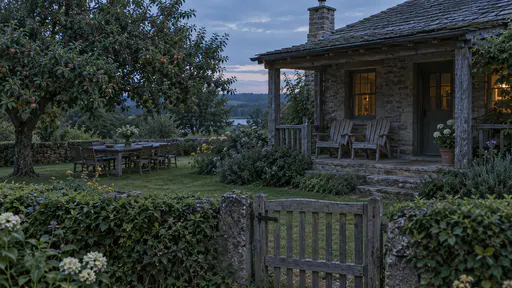An empty porch of a stone summer house with two wooden chairs side by side, a single glass on the rail and the garden gate closed beyond in deep blue evening light.