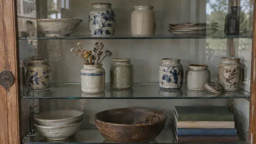 A glass-fronted cabinet holds an incomplete collection of small ceramic jars, six in a row with two clear gaps, one jar pulled forward holding a few dried flowers and one open with its lid beside it in diffuse light.