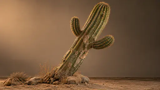 An old mature cactus leans at a clear angle in warm evening light with pale scarred patches along its ribbed trunk over dry ground.