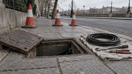 A cast-iron handhole cover lies open beside its square opening in a paved pavement with a loose coil of black cable and a few tools laid neatly on a folded cloth and a short row of red and white cones in low raking light.