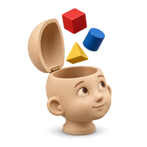 An open mind: A smooth wooden head with its hinged crown swung fully open, three differently shaped colored wooden pieces hovering into the hollow inside, isolated on transparency.