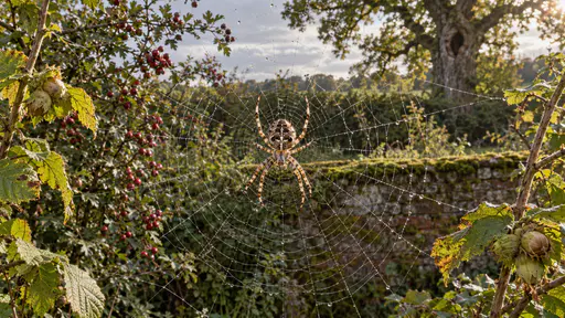 An orb-weaver spider hangs at the centre of a freshly spun round web beaded with a few drops between two hazel stems in a hedge beside a mossy brick wall in diffuse overcast light.