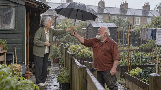 A very small woman in her early eighties with silver-white hair in a low bun in a sage cardigan passes a large open plain umbrella over a low wooden fence from under her shed roof while a broad man in his late sixties with a thick white beard in a rust-coloured work shirt reaches up for its handle in fine rain and grey light, wet raised beds behind them.