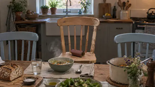 A plain unpainted wooden chair with one half-sanded leg and a roll of sandpaper on its seat is pulled up to a laid dinner table with a steaming bowl in front of it between pale blue painted chairs in warm evening kitchen light.