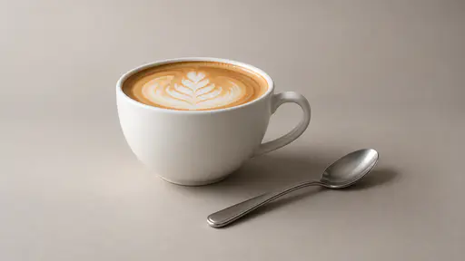 One plain latte cup rests on a plain surface in even daylight beside one clean unused plain spoon lying flat.
