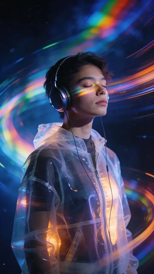 An androgynous figure with modern headphones stands slightly off-center in a 9:16 dark-blue space of flowing rainbow streaks, wearing a translucent jacket with warm inner glow and a peaceful, focused expression.
