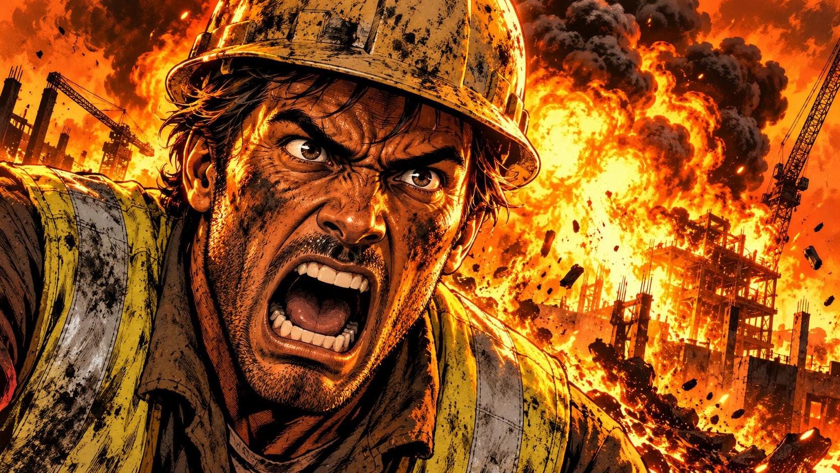 A construction worker in a hard hat and vest screaming in front of a fireball.