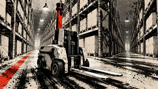 An angular warehouse robot with a lifting fork and a sensor mast rolls down a long aisle of tall steel shelving with plain cartons under hanging lamps in scratchy ink.