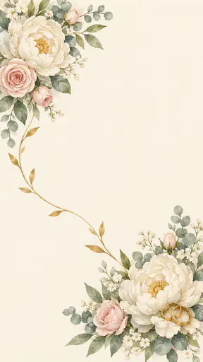 A tall cream paper card background with watercolor ivory peonies, blush roses and eucalyptus in the upper left and lower right corners joined by a thin gold vine, two small gold rings among the lower flowers and a large clear area in the middle.