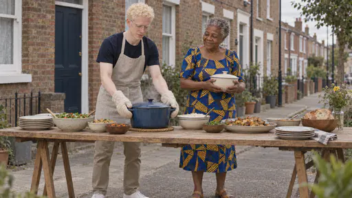 A slim pale man with white-blond curls and round glasses in an apron sets a large steaming covered pot on a long street table in oven gloves while an older woman in a blue and yellow wax-print dress holds a lidded bowl beside him in golden light.