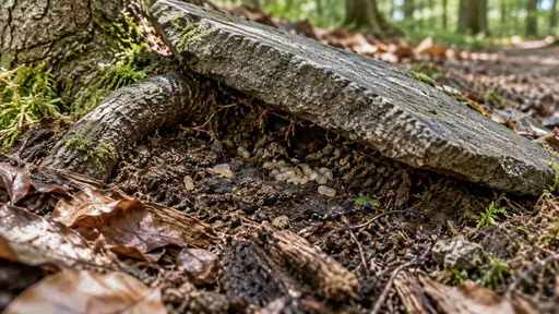 A flat grey paving slab at the edge of a woodland path is lifted to show a nest of small black ants with pale pupae spread in shallow soil chambers beneath it in brief full sun.