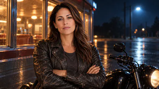 A woman with long wavy dark hair in a scuffed black leather jacket, arms crossed, beside a black motorcycle in front of a warm diner window on a wet road at night.