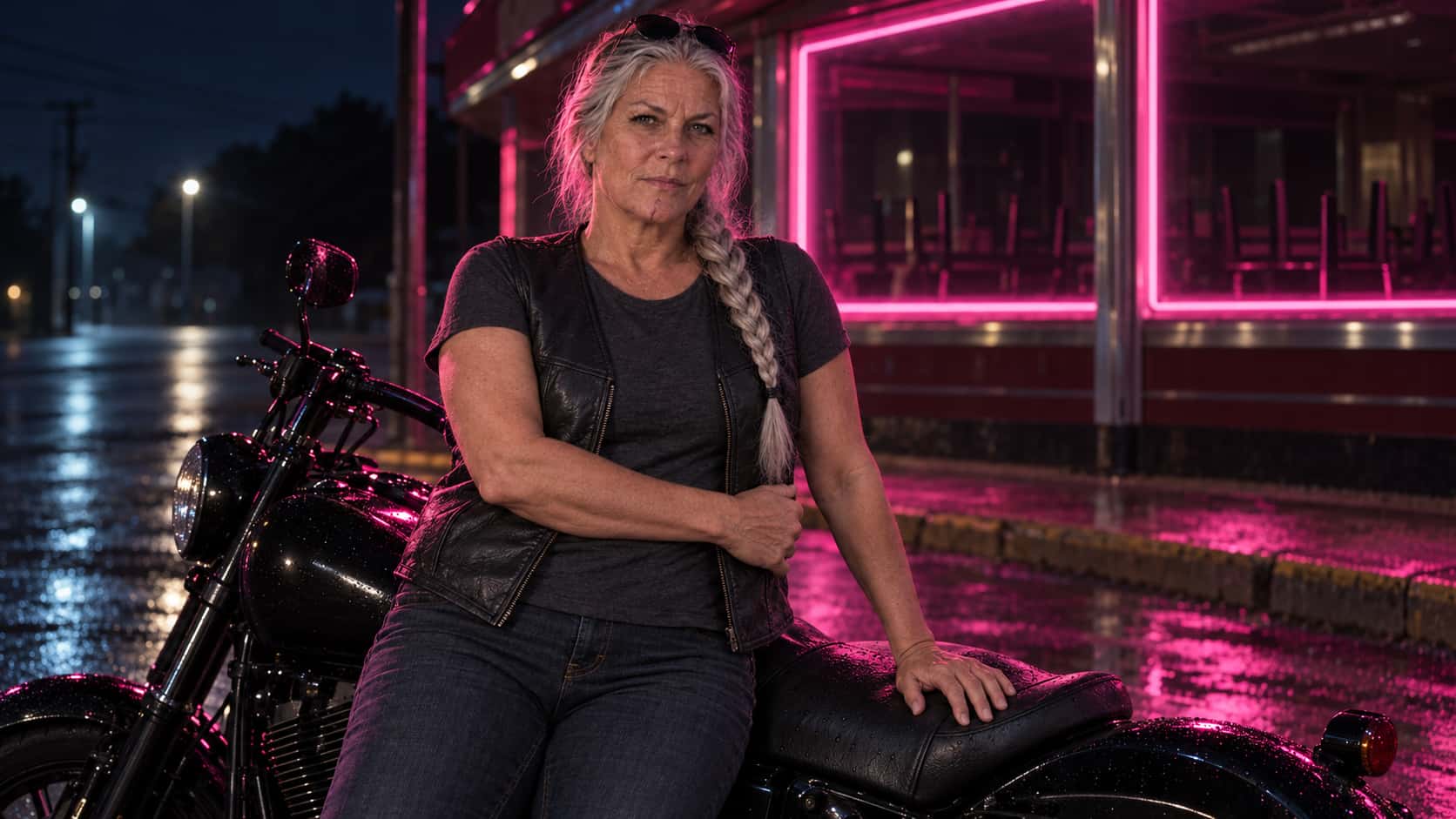 A woman with a long silver braid, a chin scar and sunglasses in her hair, in a black leather vest over a charcoal t-shirt and jeans, leans on a black motorcycle outside a dark roadside diner, pink neon outlining the window and reflecting on the wet road.