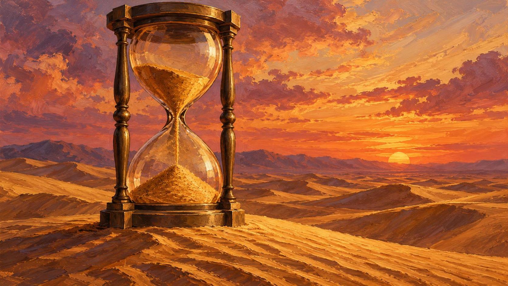 A tall antique hourglass stands on rippled desert dunes with golden sand pouring through its neck under an amber and rose sky at dusk with long shadows over the dunes.