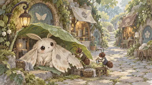 A pale moth rests under a broad leaf held up as a shelter while two ants in tiny waistcoats stitch the torn edge of its wing with silver thread in dappled green shade, a small lantern hanging on a hook above them in a lane of tiny animal workshops.