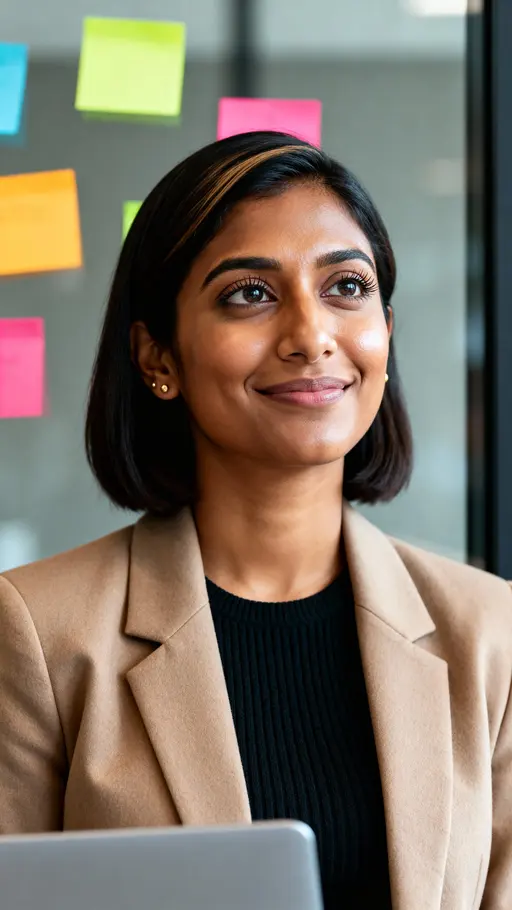 Aparna, a South Asian American product manager in her early 30s, smiles mid-thought by a glass wall in a Boston coworking space wearing an oatmeal blazer and black knit, warm brown skin with minimal gold studs, crisp iris detail and natural