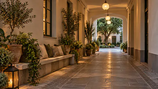 An apartment passage on a courtyard building in warm evening light is lined on one side with potted plants and a long ledge seat along the wall with a clear tiled walkway beside it and round lamps glowing along the ceiling and an open courtyard with a tree visible at the far end.