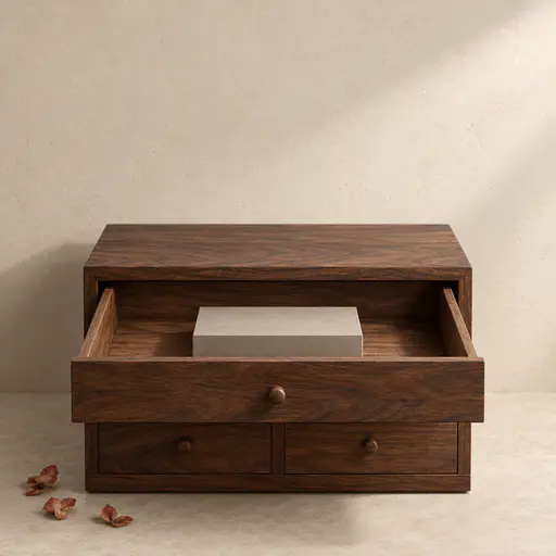 A square studio photograph of a low dark-wood apothecary chest with its top drawer pulled open, revealing one clean raised grey-beige display block and nothing else, a few dried rust-coloured petals on the surface beside it, and clear wall space above for a product and headline.