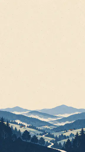Rolling Appalachian ridges in powder blue and navy with small rust cabin roofs and a ribbon of mist fill a narrow lower band beneath a tall quiet field of speckled cream in a folk print illustration.