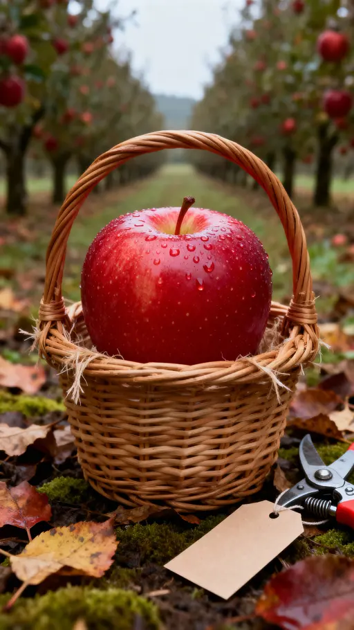 A polished apple peeks from a wicker basket on fallen leaves at an orchard row, tactile skin and dew with medium DOF, slight high vantage, tight vertical framing and props, graded toward crisp red, mossy green, warm brown and soft gray with