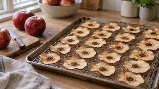 On a scrubbed kitchen bench in broad soft daylight thin rings of red-skinned apple lie in neat rows on a wire cooling rack over a baking tray beside a few whole apples and a small paring knife with the rings curling at the edges as they dry.