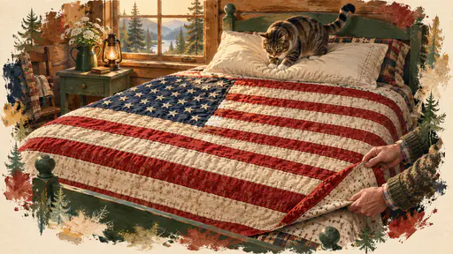 Cabin bed covered with a handmade applique flag quilt with embroidered star canton. Thirteen stripes and a neat canton come handmade.