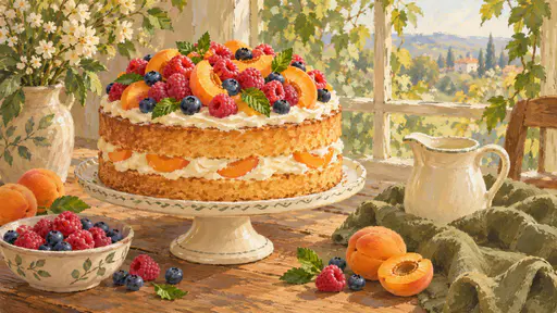 A round apricot sponge cake on a footed plate is heaped with raspberries, sliced apricots, blueberries and mint beside a bowl of berries and a pitcher of cream in soft gouache.