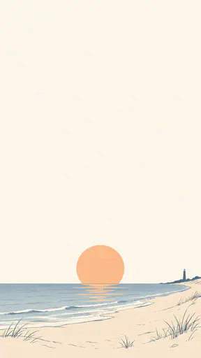 A large soft apricot sun disc rests above a low Great Lakes shoreline band drawn in loose contour lines with a small lighthouse at the right edge under an empty pale paper sky.