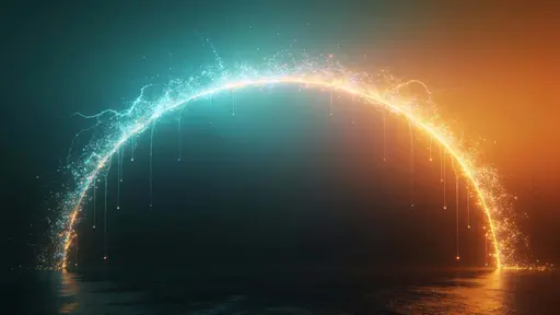 A luminous half-ring of shimmering particles arcs across the upper frame, shifting from cool aqua to warm tangerine with thin dripping threads and a soft surrounding glow.