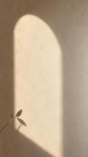 The soft shadow of an unseen arched window falls offset left across a plain chalk plaster wall with a bright smooth interior, where one tiny grey-green stem with two small leaves crosses the bottom corner and throws a thin sharp shadow across the arch's soft edge.