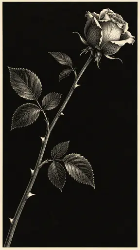 One long arching rose stem carries alternating compound leaves, small thorns and a single half open bloom at its tip against a dark ground in white line engraving.