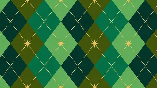 Seamless argyle diamonds in dark emerald, pine and deep olive with thin gold dotted diagonal lines and small gold stars at intersections, flat vector with crisp geometric edges, uniform repeat across a 16:9 print-ready tile.