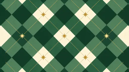 Seamless argyle background of layered emerald and deep forest green diamonds with thin gold dotted diagonal lines and small gold star icons at intersections, flat vector and perfectly tileable in 16:9.