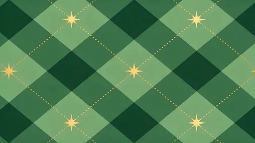 Seamless decorative argyle wallpaper in layered forest greens with large spaced diamonds, thin gold dotted diagonal lines and minimal gold star accents, flat vector repeat.