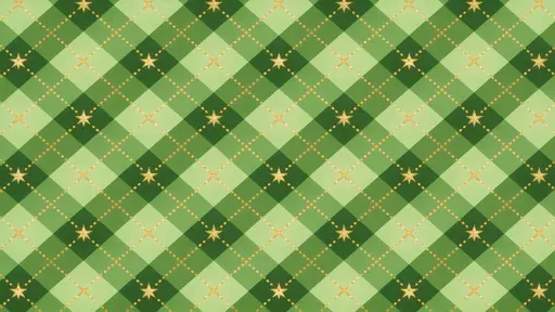 Seamless repeating argyle pattern of small, tightly packed green diamonds layered diagonally, with fine gold dotted lines forming a dense grid and tiny gold stars at frequent intersections, rendered flat and vector-perfect for continuous 16