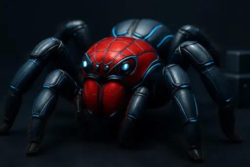 A high-end studio advertisement captures a tarantula in a Spider-Man–inspired, technologically advanced suit: sleek armored plates, illuminated seams and carbon-weave texture. Shot macro with razor clarity and shallow depth, the image reads as a tactile, uncanny portrait of tiny, poised heroism.