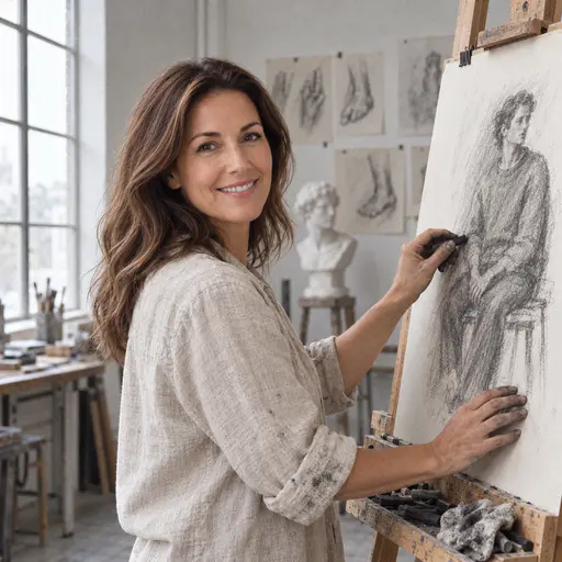 A woman with long wavy brown hair in a rolled-sleeve linen shirt at a wooden easel drawing with charcoal, a loose half-finished drawing of a seated person on the paper, north window light.
