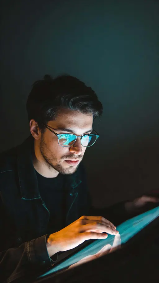 Close vertical portrait of an artist seated in a dark room, monitor glow illuminates face and hands for a moody 9:16 poster-cover portrait shot.