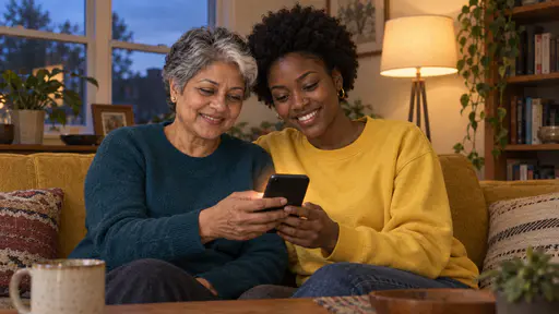 A petite older woman with short silver hair in a teal sweater and a young woman with a natural afro in a yellow sweatshirt sit close on a mustard sofa looking at one phone with a plain amber glow and contented smiles at dusk in warm lamplight.