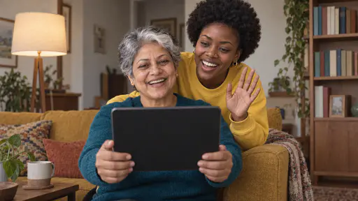 A petite older woman with short silver hair in a teal sweater holds a tablet upright with a dark screen toward the camera while a young woman with a natural afro in a yellow sweatshirt leans over her shoulder to wave, both laughing in soft lamplight.