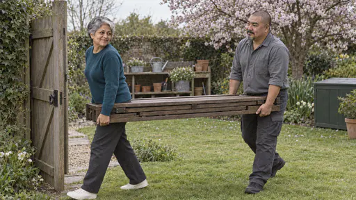 A petite woman with short silver hair in a teal sweater and a stocky man with a shaved head and a goatee carry a long folded wooden garden table through an open wooden gate onto a mown lawn under a flowering cherry tree.