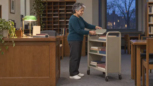 A petite woman with short silver hair in a teal sweater stacks returned books from a wooden library counter onto a trolley beside a glowing green-shaded brass lamp in an empty quiet room in calm blue dusk light.