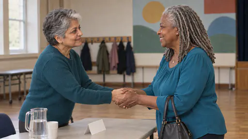 A petite woman with short silver hair in a teal sweater reaches across a folding table with both hands to greet a full-figured woman with silver locs in a teal blouse who smiles with a handbag on her arm in warm hall light.