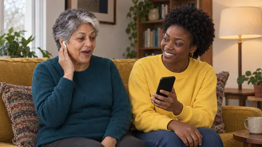 A petite older woman with short silver hair in a teal sweater wears plain white wireless earbuds with a surprised amused expression and a hand raised to one ear while a young woman with a natural afro in a yellow sweatshirt holds a phone with a dark screen and smiles beside her.