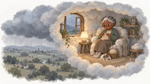 A petite older woman with short silver-grey hair and a white streak in a soft green cardigan knits in an armchair of folded cloud-wool inside a cosy round room carved into a grey rain cloud with a rug and a small lamp as fine rain falls past an open window.