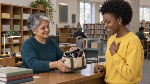A petite woman with short silver hair in a teal sweater lifts a small canvas tool bag with a wrench and screwdriver onto a wooden library counter while a delighted young woman with a short natural afro in a yellow sweatshirt watches with a hand on her chest.