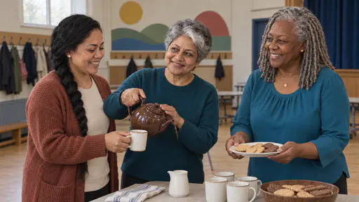 A petite woman with short silver hair in a teal sweater pours tea from a plain brown teapot into a cup held by a woman with a long black braid while a woman with silver locs in a teal blouse offers a plate of biscuits at a folding table in warm light.