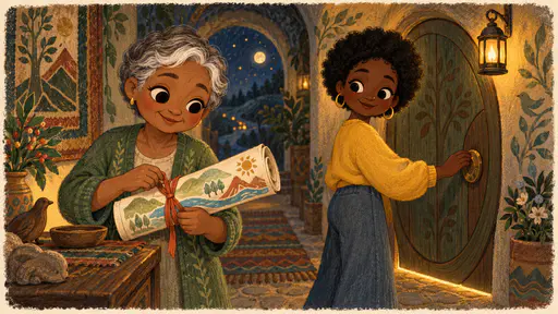 At night in an old hallway a petite older woman with silver-grey hair and a green cardigan rolls up the old map and ties it with a ribbon with a contented smile while a young woman with a short natural afro and a yellow sweatshirt closes a round door softly behind them with a thin line of warm gold light under the door and a small lantern on a hook above.