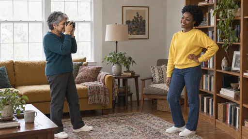 A petite older woman with short silver hair in a teal sweater raises a digital camera to her eye while a young woman with a natural afro in a yellow sweatshirt poses by a bookshelf with a delighted smile and a hand on her hip in bright window light.