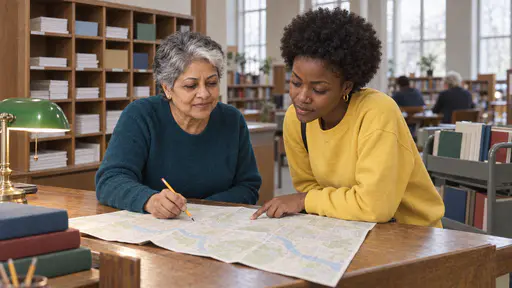 A petite woman with short silver hair in a teal sweater traces a route with a pencil on a large blank paper map spread on a wooden library counter while a young woman with a short natural afro in a yellow sweatshirt leans in with one finger on the paper.